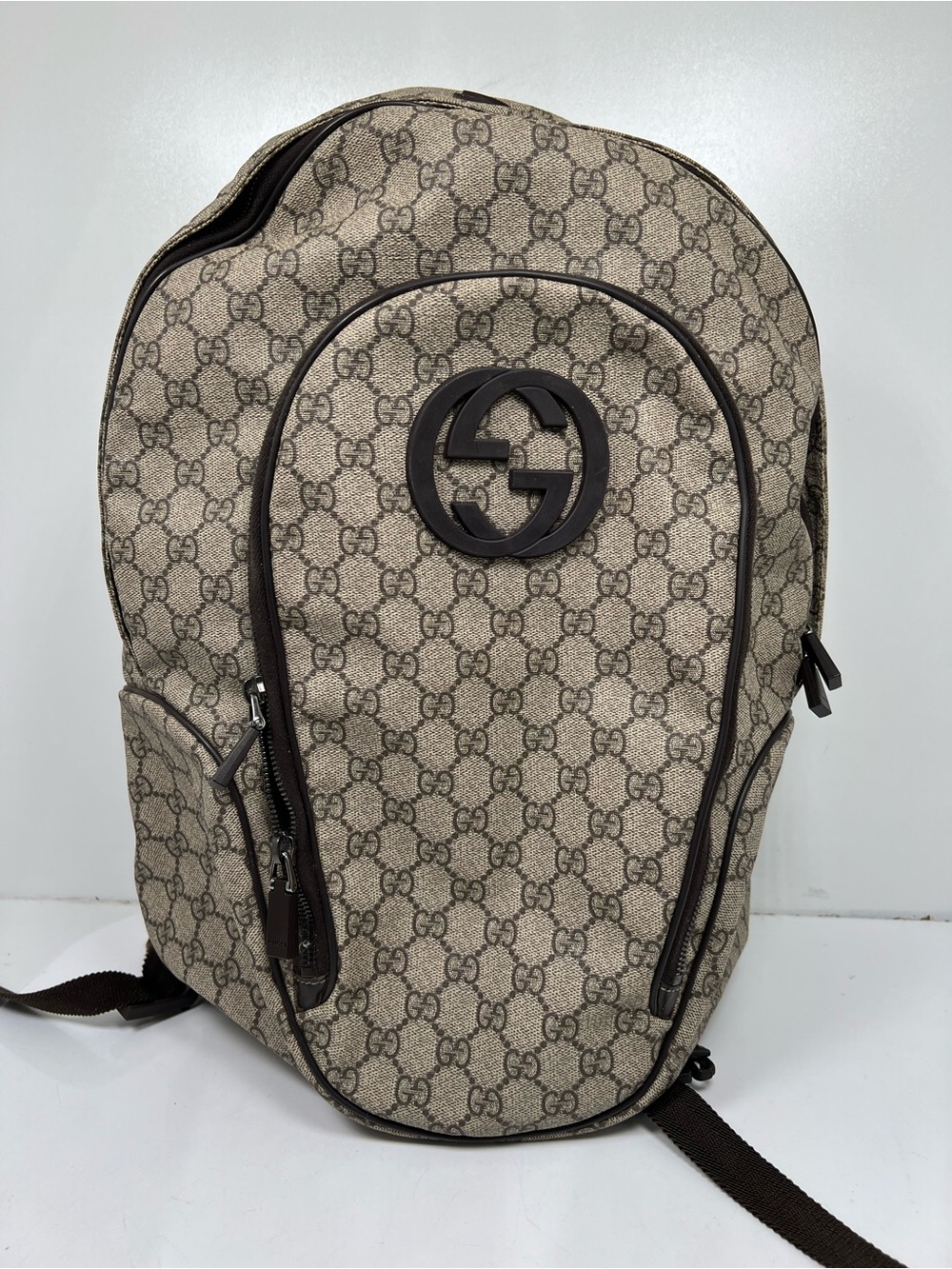 Gucci GG Monogram Canvas Backpack Brown Black Leather Trim Large 16”